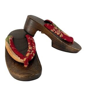 Vintage Japanese Geta Wooden Flip Flop Shoes Rich Wood Silky Red Floral Top